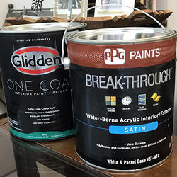  国内販売を始めたPPG社の「BREAK-THROUGH」（手前）とGlidden「ONE COAT」