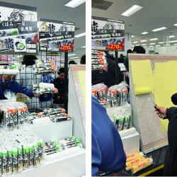 新製品のローラー「白龍」のコーナーでは試し塗りをする人が目立った 新製品のローラー「白龍」のコーナーでは試し塗りをする人が目立った